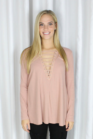 Mandy Ribbed Lace Up Top in Dusty Mauve