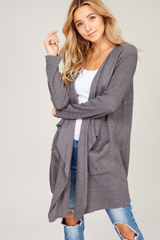 Open Knit Cardigan with Pockets and Fluted Sleeves in Oatmeal – Shop Hearts