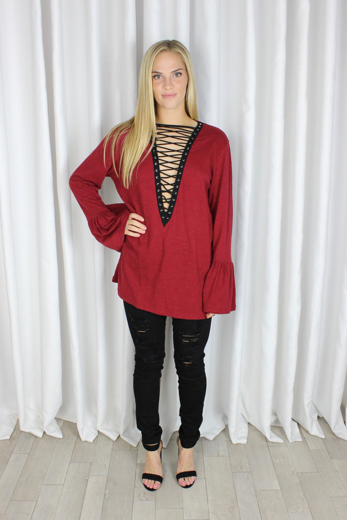 Lovesick Lace-Up Tunic in Burgundy