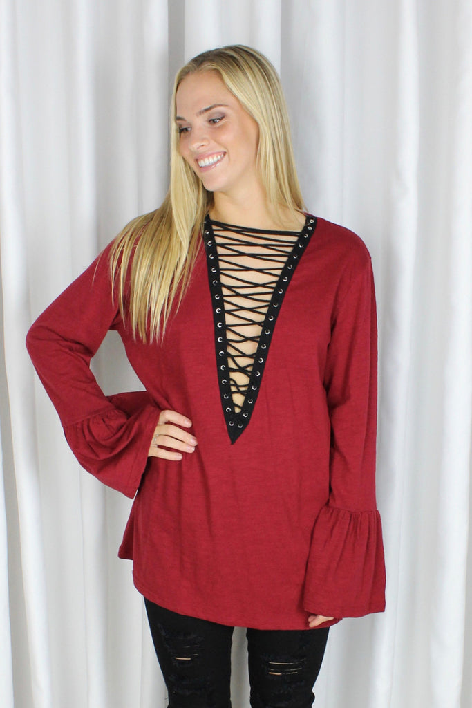 Lovesick Lace-Up Tunic in Burgundy