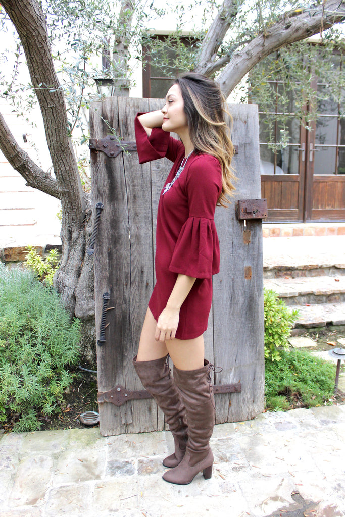 Willow Fluted Sleeve Dress in Burgundy